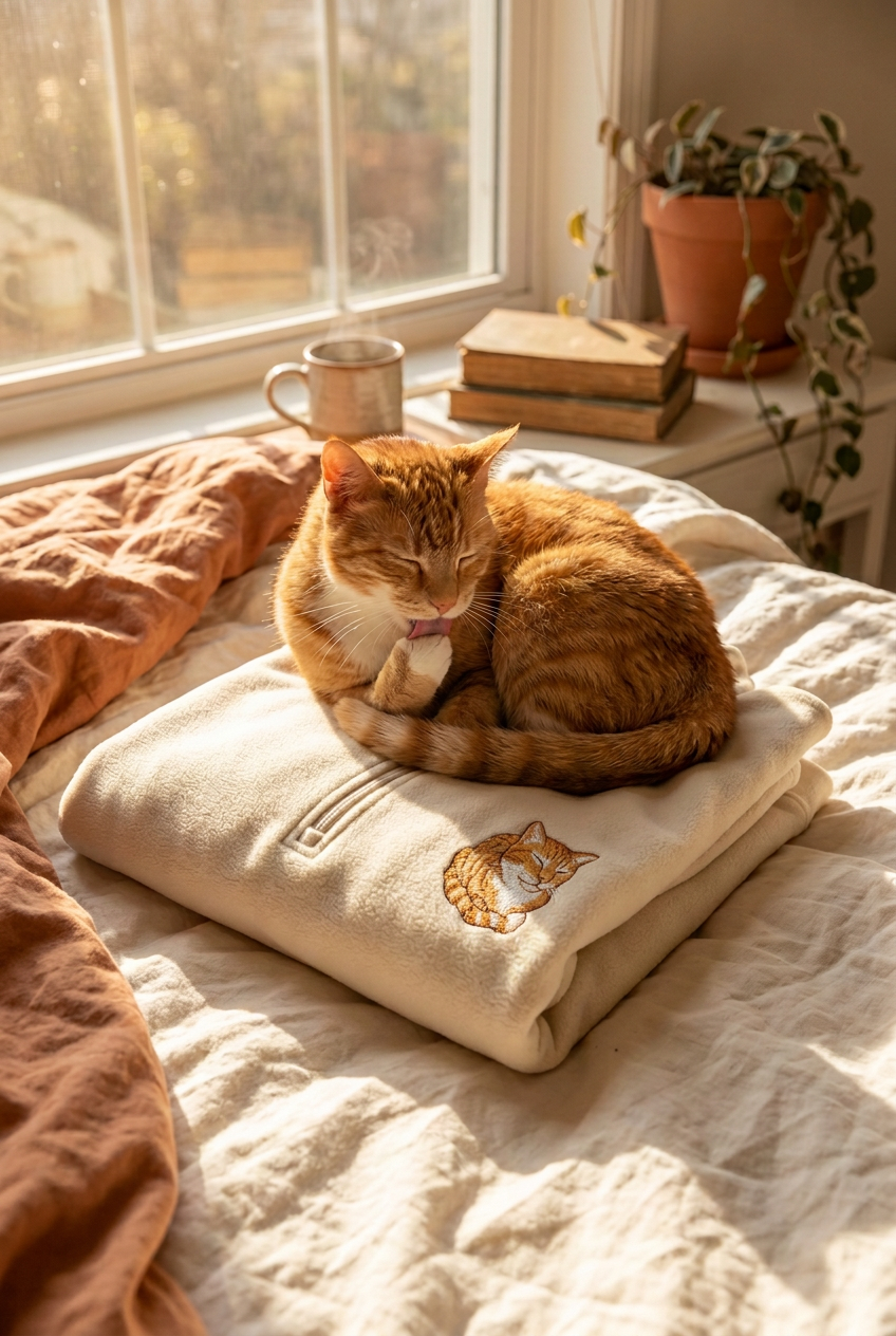 An orange tabby cat curled on a cream sweater embroidered with its portrait