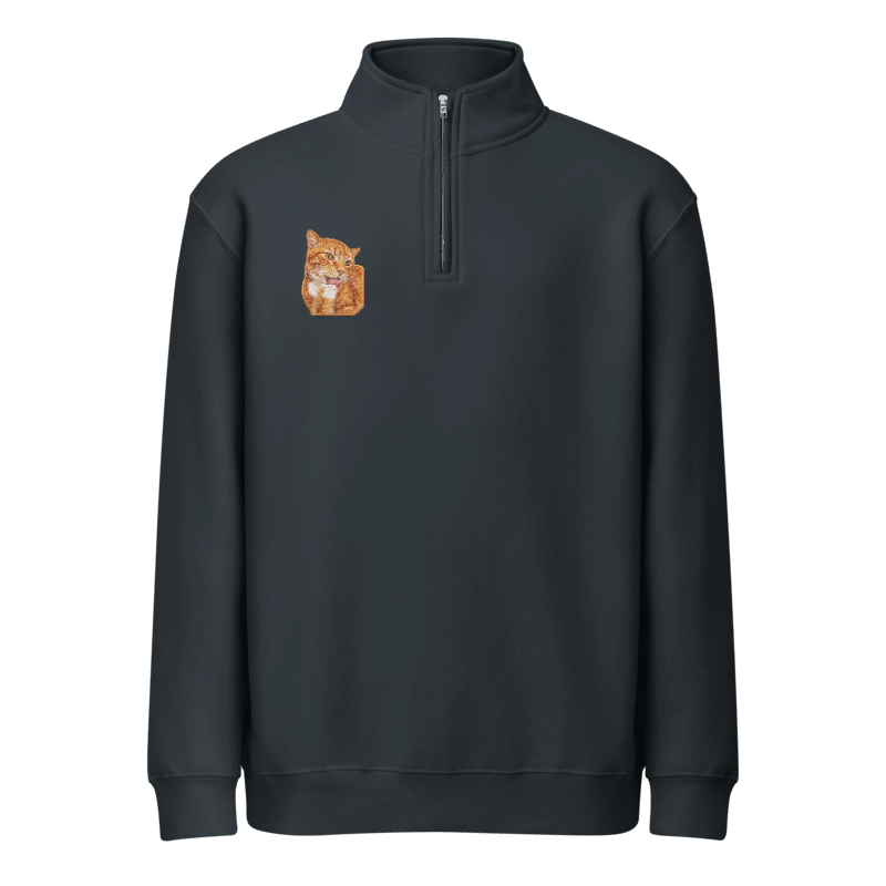 Navy quarter-zip sweater with an embroidered orange tabby cat portrait