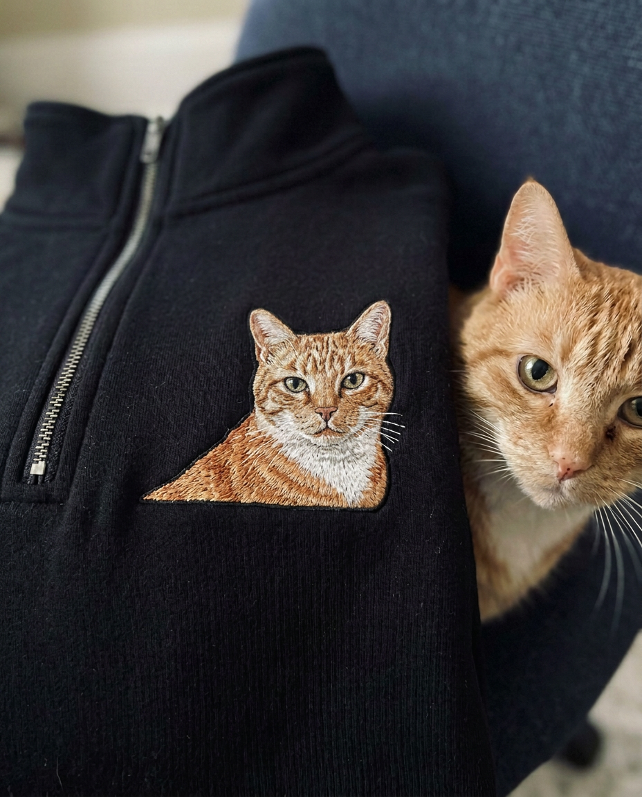 Black zip-up sweatshirt with an embroidered orange tabby cat beside the real cat