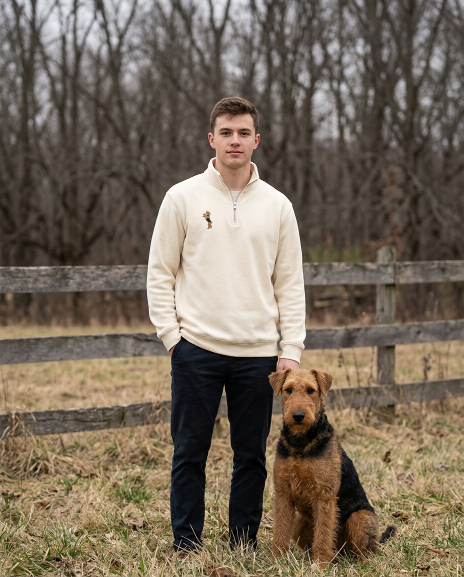 A man outdoors wearing a cream quarter-zip embroidered with his dog