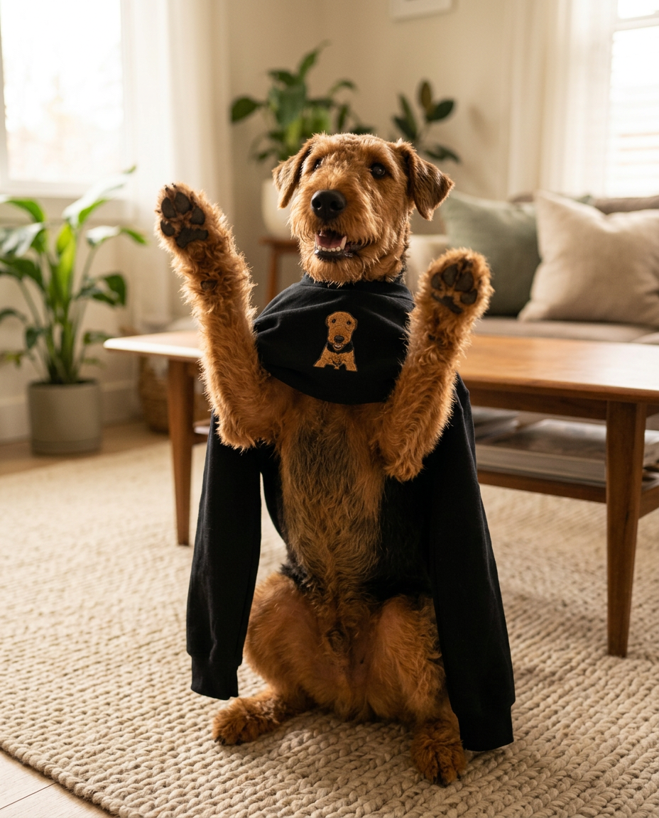 A customer photo of an Airedale Terrier at home