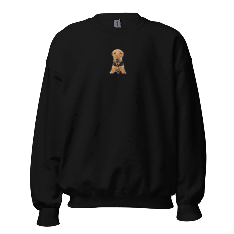 Black crewneck sweater with an embroidered Airedale Terrier portrait