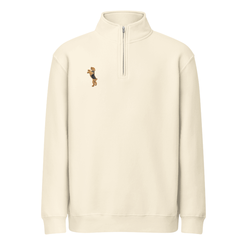 Cream quarter-zip sweater with an embroidered Airedale Terrier portrait